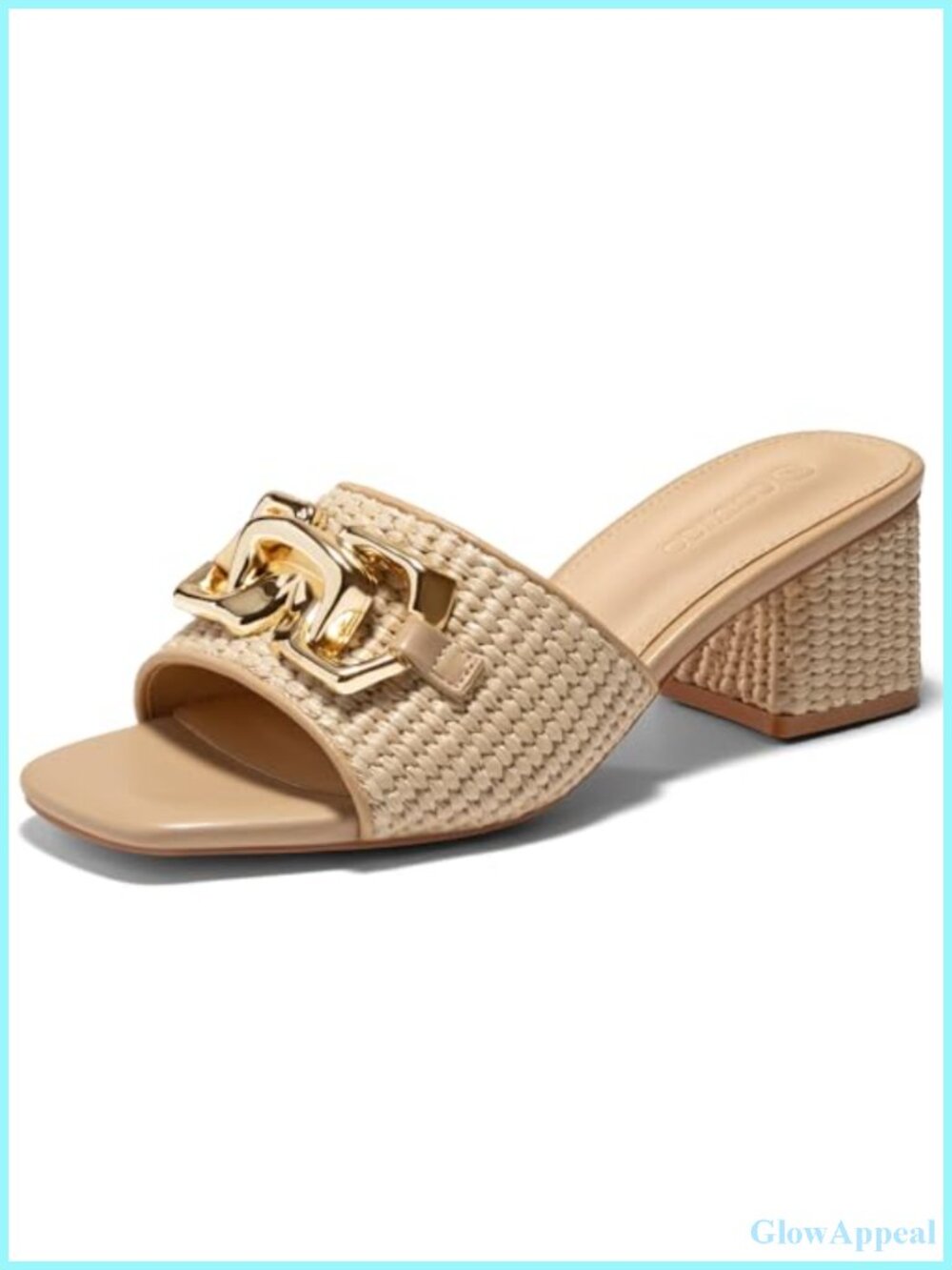 Raffia Sandals Block Heel Square Toe Metal Chain Slip On Mules Dressy